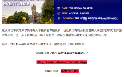 奥塔哥大学2027硕士奖学金重磅更新：授课型硕士最高减$15,000！本科、硕士、博士、预科奖学金一次看懂